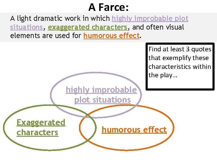 A Farce: A light dramatic work in which highly improbable plot situations, exaggerated characters,