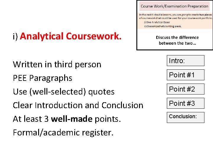i) Analytical Coursework. Written in third person PEE Paragraphs Use (well-selected) quotes Clear Introduction