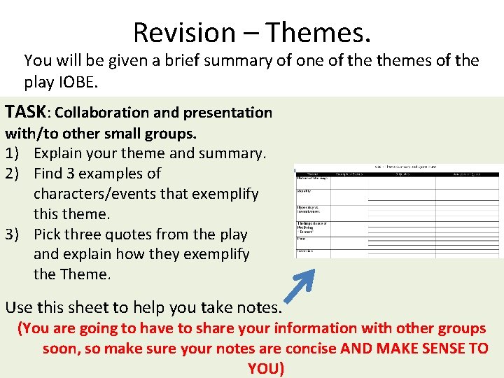 Revision – Themes. You will be given a brief summary of one of themes