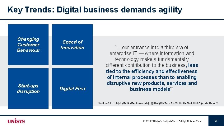 Key Trends: Digital business demands agility Changing Customer Behaviour Speed of Innovation Start-ups disruption
