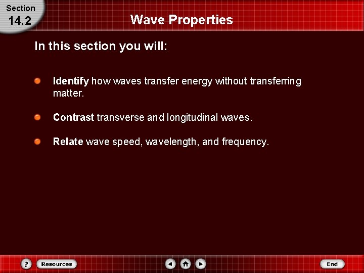 Section 14. 2 Wave Properties In this section you will: Identify how waves transfer