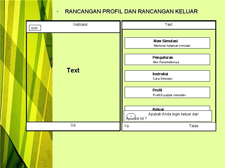  • icon RANCANGAN PROFIL DAN RANCANGAN KELUAR Text Instruksi New Simulasi Memulai halaman