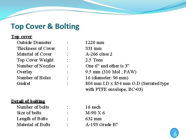 Top Cover & Bolting Top cover Outside Diameter Thickness of Cover Material of Cover