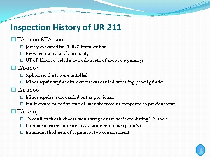 Inspection History of UR-211 � TA-2000 &TA-2001 : � Jointly executed by FFBL &