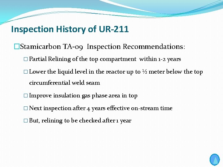 Inspection History of UR-211 �Stamicarbon TA-09 Inspection Recommendations: � Partial Relining of the top