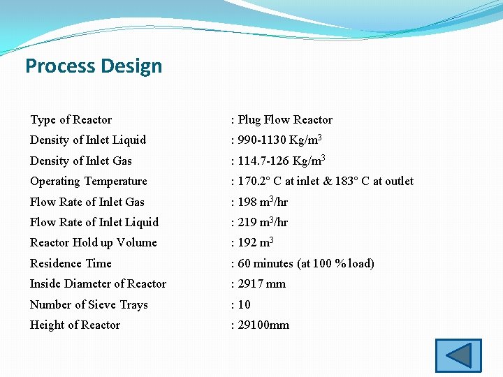 Process Design Type of Reactor : Plug Flow Reactor Density of Inlet Liquid :