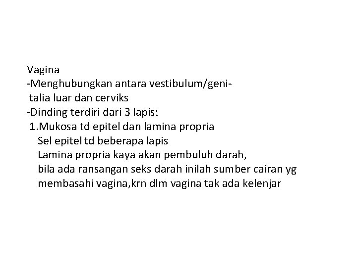 Vagina -Menghubungkan antara vestibulum/genitalia luar dan cerviks -Dinding terdiri dari 3 lapis: 1. Mukosa