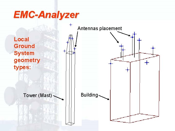 EMC-Analyzer Antennas placement Local Ground System geometry types: Tower (Mast) Building 