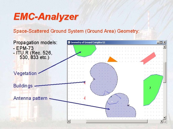 EMC-Analyzer Space-Scattered Ground System (Ground Area) Geometry: Propagation models: - EPM-73 - ITU. R