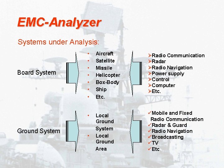 EMC-Analyzer Systems under Analysis: Board System Ground System • • Aircraft Satellite Missile Helicopter