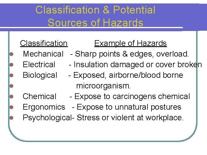 Classification & Potential Sources of Hazards l l l l Classification Example of Hazards