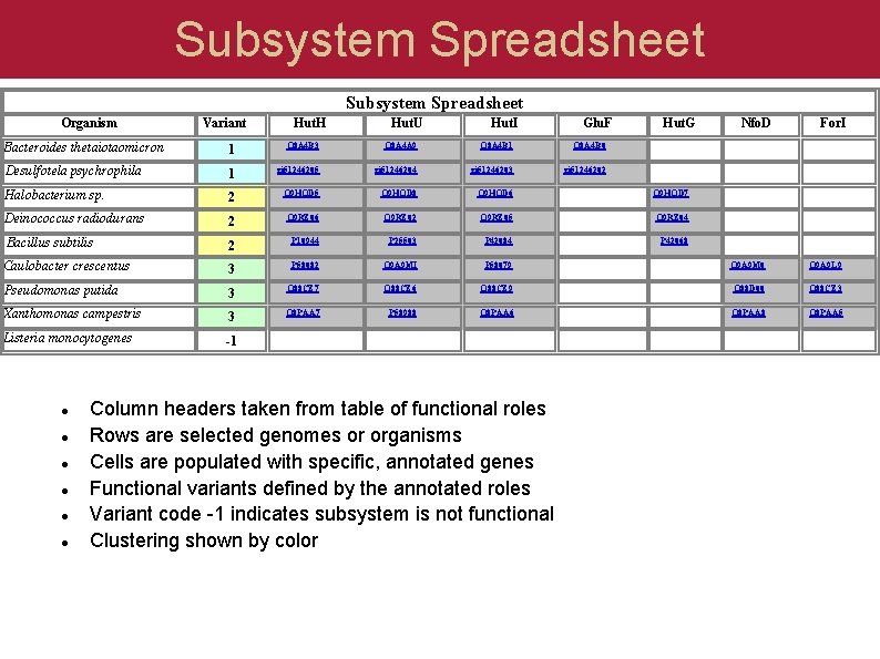 Subsystem Spreadsheet Organism Variant Hut. H Hut. U Hut. I Glu. F Hut. G