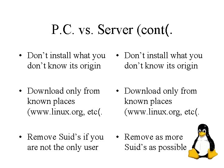 P. C. vs. Server (cont(. • Don’t install what you don’t know its origin