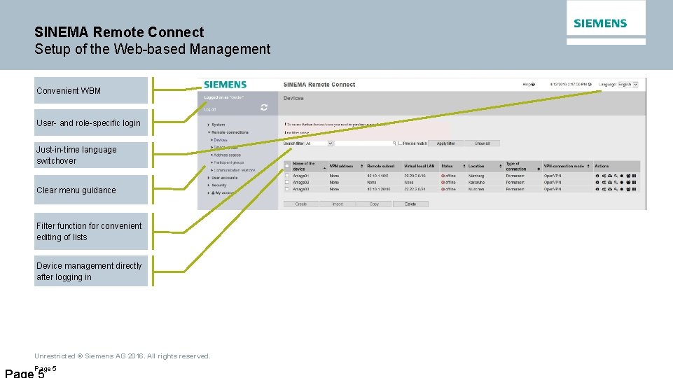 SINEMA Remote Connect Setup of the Web-based Management Convenient WBM User- and role-specific login