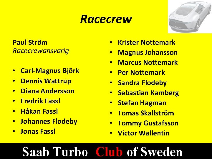 Racecrew Paul Ström Racecrewansvarig • • Carl-Magnus Björk Dennis Wattrup Diana Andersson Fredrik Fassl