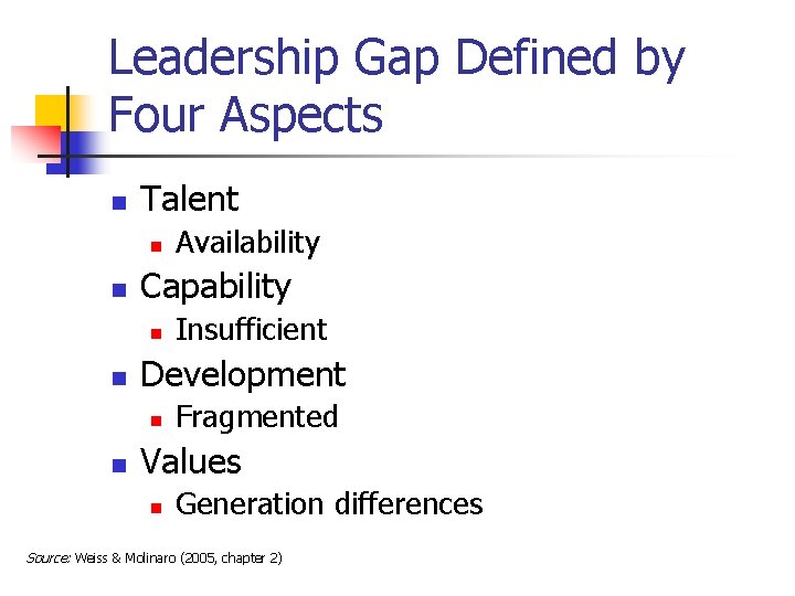 Leadership Gap Defined by Four Aspects n Talent n n Capability n n Insufficient