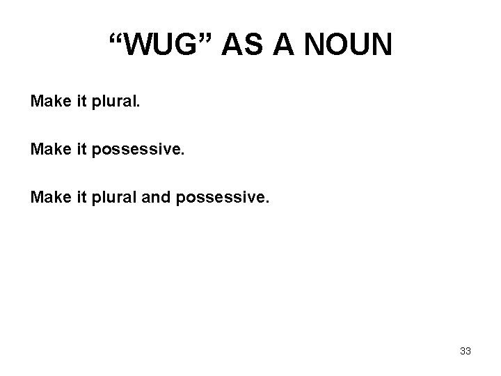 “WUG” AS A NOUN Make it plural. Make it possessive. Make it plural and