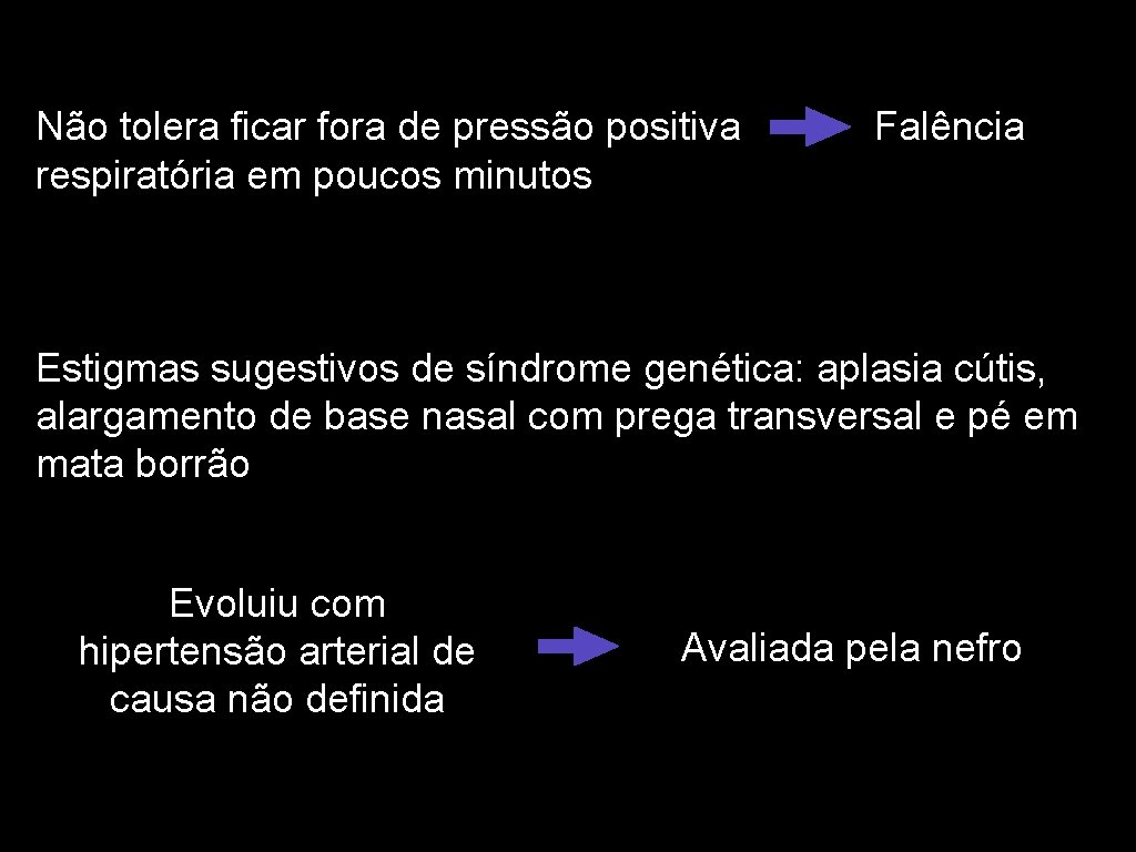 Não tolera ficar fora de pressão positiva Falência respiratória em poucos minutos Estigmas sugestivos