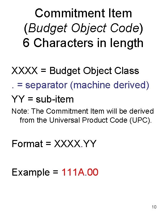 Commitment Item (Budget Object Code) 6 Characters in length XXXX = Budget Object Class. Commitment Item (Budget Object Code) 6 Characters in length XXXX = Budget Object Class.