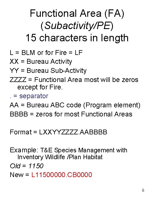 Functional Area (FA) (Subactivity/PE) 15 characters in length L = BLM or for Fire Functional Area (FA) (Subactivity/PE) 15 characters in length L = BLM or for Fire