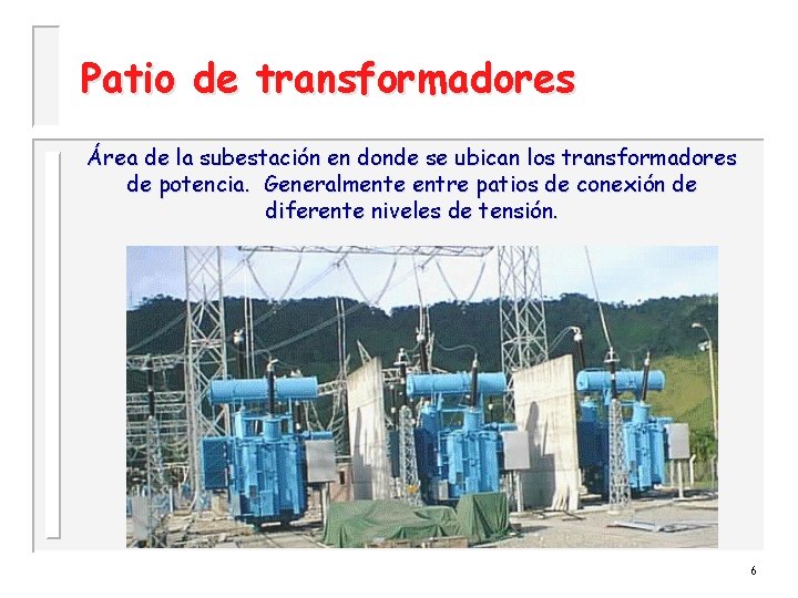 Patio de transformadores Área de la subestación en donde se ubican los transformadores de