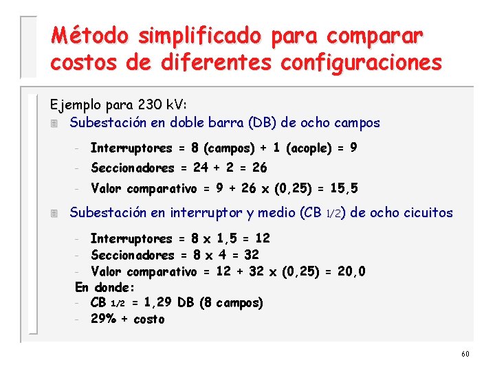 Método simplificado para comparar costos de diferentes configuraciones Ejemplo para 230 k. V: 3