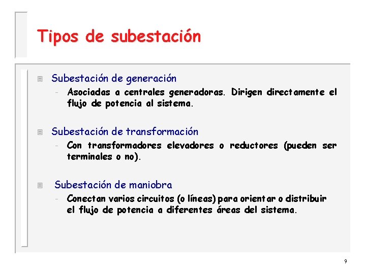 Tipos de subestación 3 Subestación de generación – 3 Subestación de transformación – 3