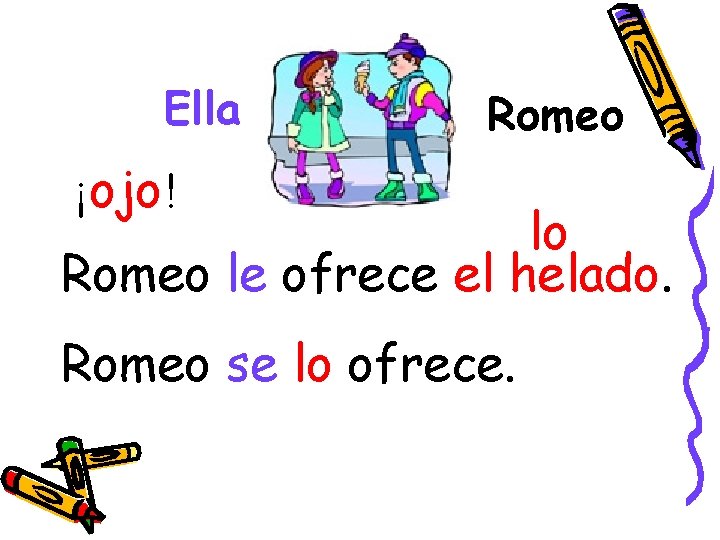 Ella Romeo ¡ojo! lo Romeo le ofrece el helado. Romeo se lo ofrece. 
