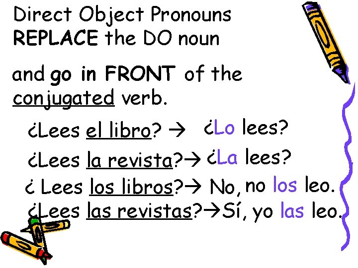 Direct Object Pronouns REPLACE the DO noun and go in FRONT of the conjugated