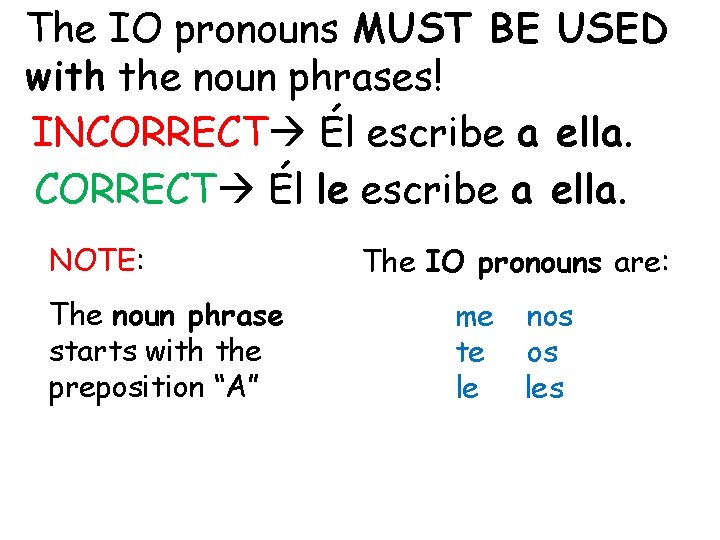 The IO pronouns MUST BE USED with the noun phrases! INCORRECT Él escribe a