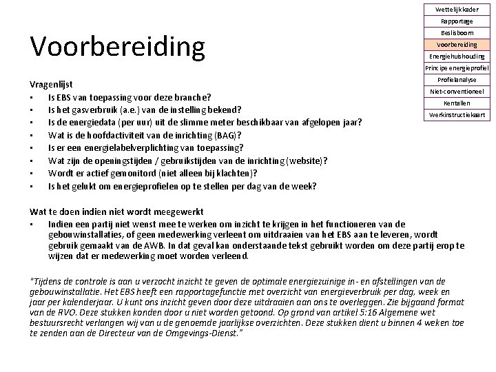 Wettelijk kader Rapportage Voorbereiding Vragenlijst • Is EBS van toepassing voor deze branche? •