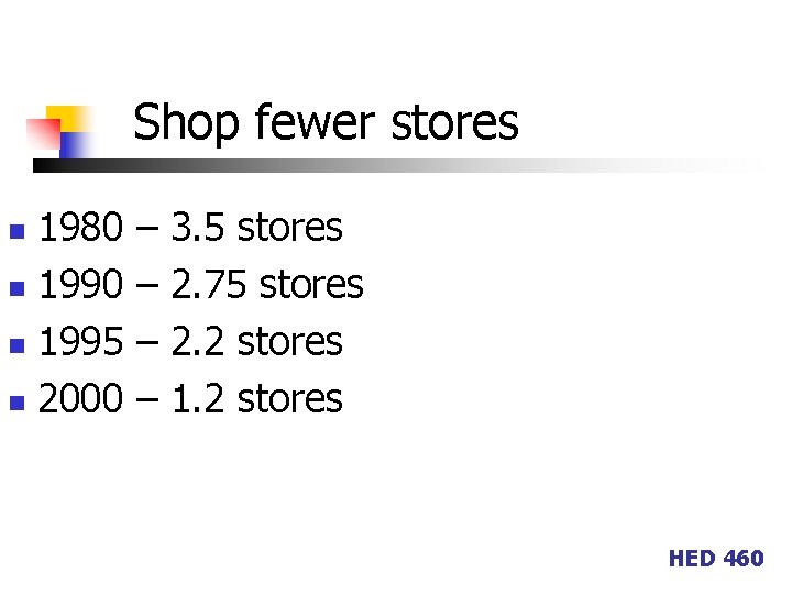 Shop fewer stores 1980 n 1995 n 2000 n – – 3. 5 stores