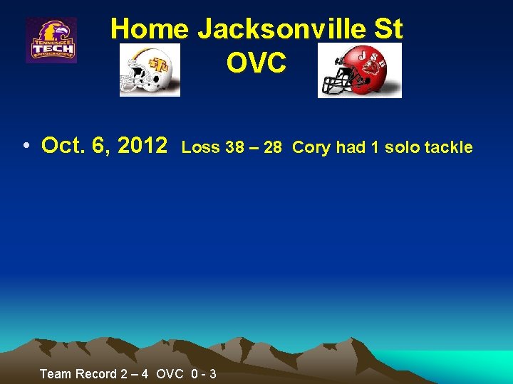 Home Jacksonville St OVC • Oct. 6, 2012 Loss 38 – 28 Cory had