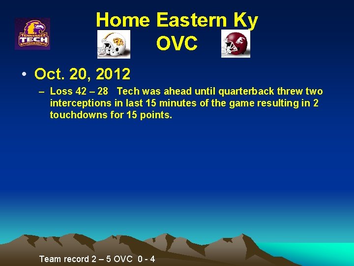 Home Eastern Ky OVC • Oct. 20, 2012 – Loss 42 – 28 Tech