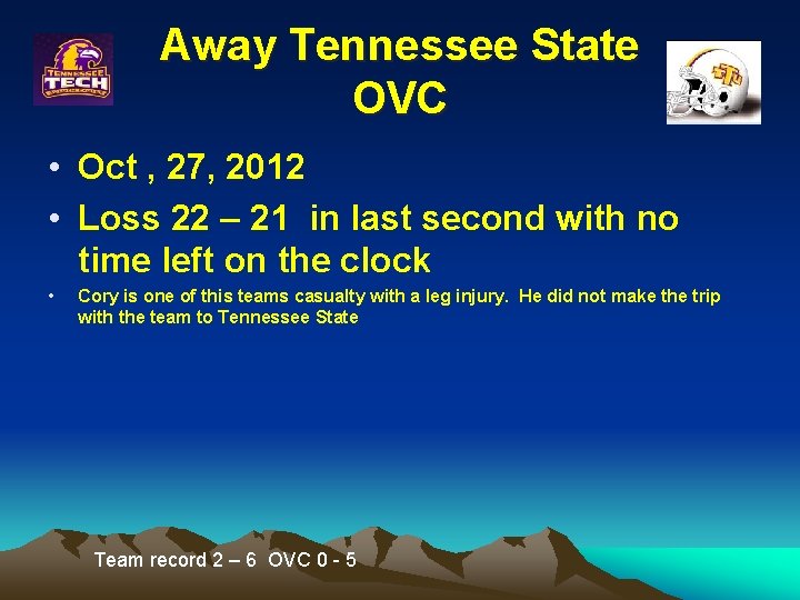 Away Tennessee State OVC • Oct , 27, 2012 • Loss 22 – 21