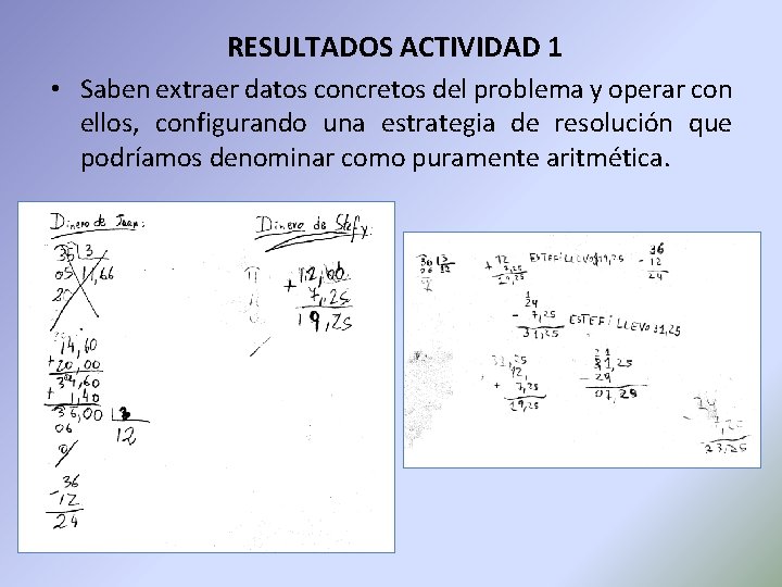 RESULTADOS ACTIVIDAD 1 • Saben extraer datos concretos del problema y operar con ellos,