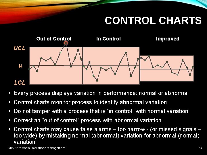 CONTROL CHARTS Out of Control In Control Improved UCL LCL • Every process displays