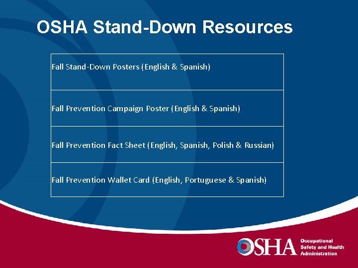 OSHA Stand-Down Resources Fall Stand-Down Posters (English & Spanish) Fall Prevention Campaign Poster (English