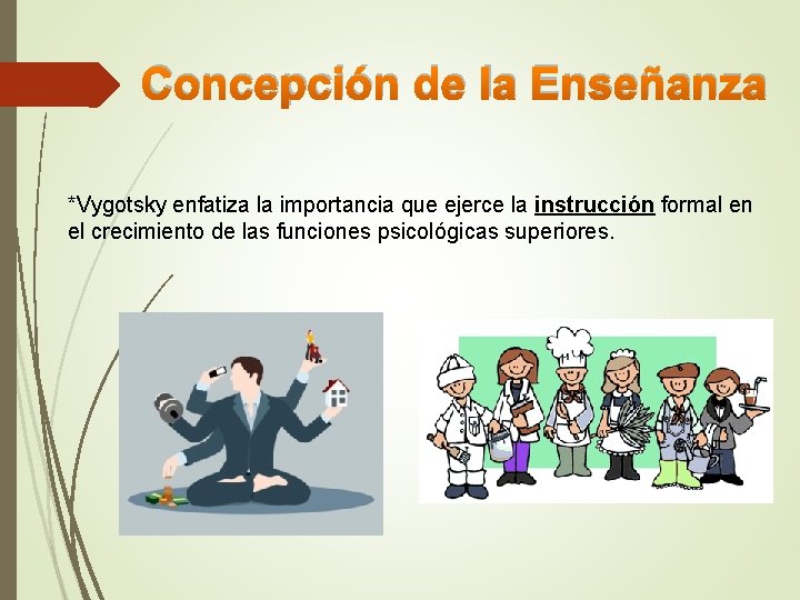 Concepción de la Enseñanza *Vygotsky enfatiza la importancia que ejerce la instrucción formal en