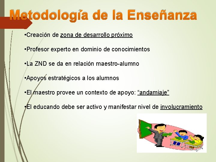 Metodología de la Enseñanza • Creación de zona de desarrollo próximo • Profesor experto