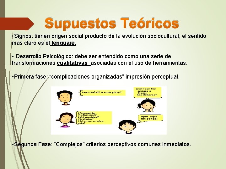 Supuestos Teóricos • Signos: tienen origen social producto de la evolución sociocultural, el sentido