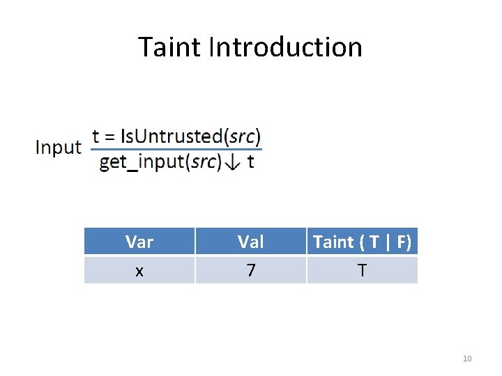 Taint Introduction Var x Val 7 Taint ( T | F) T 10 