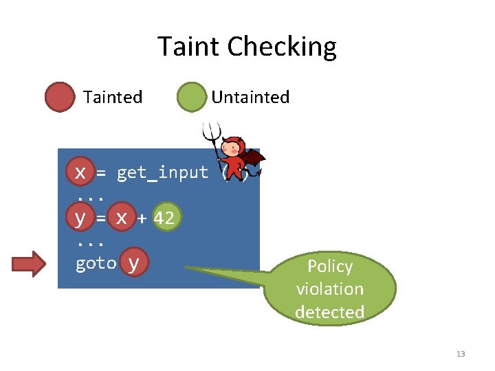 Taint Checking Tainted Untainted x y x 42 y Policy violation detected 13 