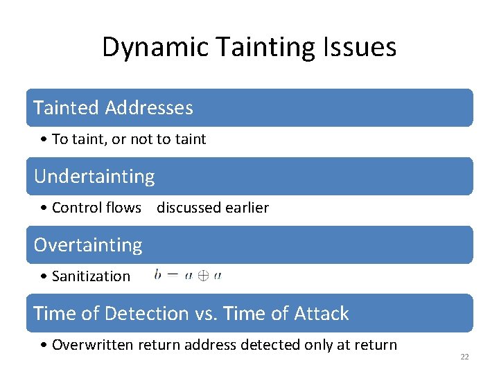 Dynamic Tainting Issues Tainted Addresses • To taint, or not to taint Undertainting •