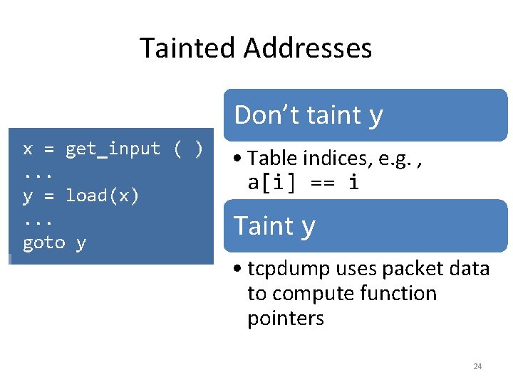 Tainted Addresses Don’t taint y • Table indices, e. g. , a[i] == i