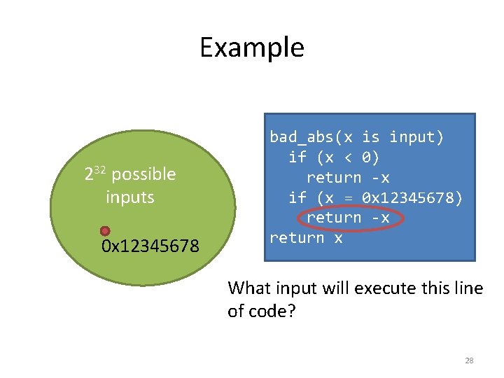 Example 232 possible inputs 0 x 12345678 bad_abs(x is input) if (x < 0)
