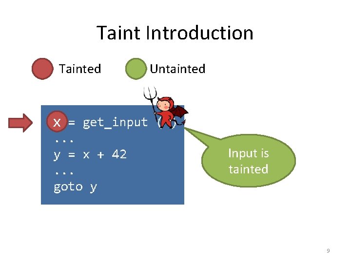 Taint Introduction Tainted Untainted x Input is tainted 9 