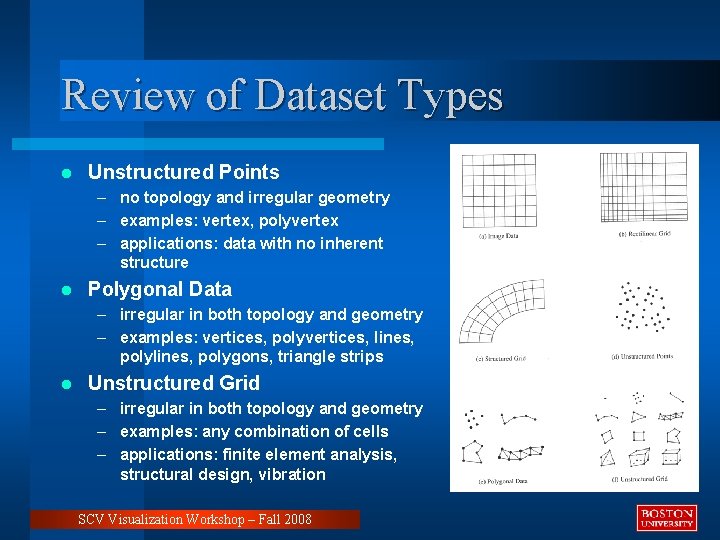 Review of Dataset Types l Unstructured Points – no topology and irregular geometry –
