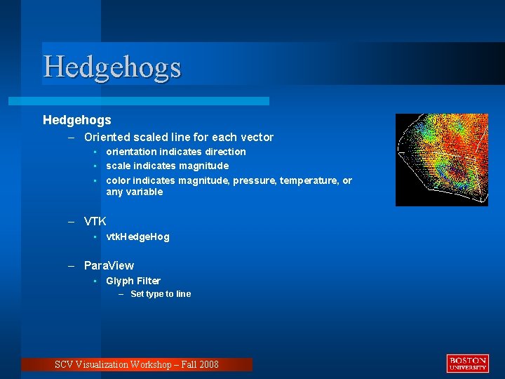 Hedgehogs – Oriented scaled line for each vector • orientation indicates direction • scale