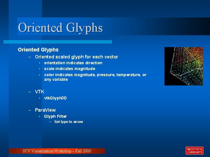 Oriented Glyphs – Oriented scaled glyph for each vector • orientation indicates direction •